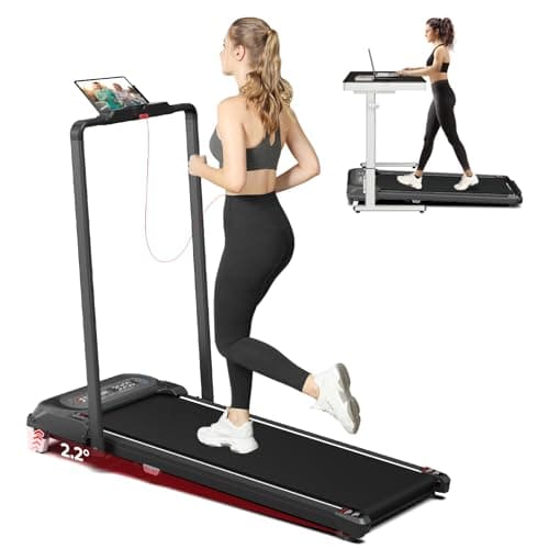 SubSun 2 in 1 Folding Treadmill, Walking Pad with Handle Bar, Under Desk Treadmill with 265 Lbs Capacity for Office, Remote Control, White