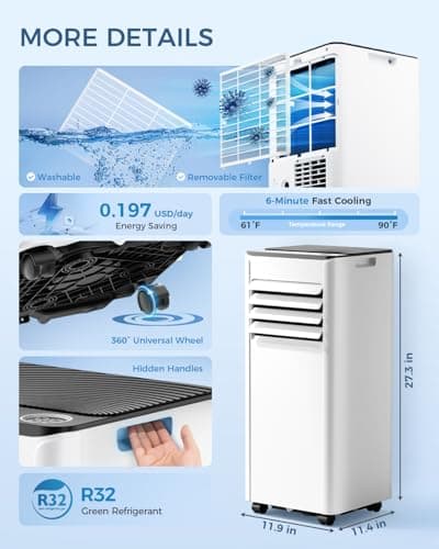 Feelfunn 8000 BTU Portable Air Conditioner - Cools 350 Sq.Ft Quickly, 3-in-1 AC Unit with Remote, 24H Timer, Quiet Operation & Window Kit for Bedrooms Apartments Offices Dorms 6