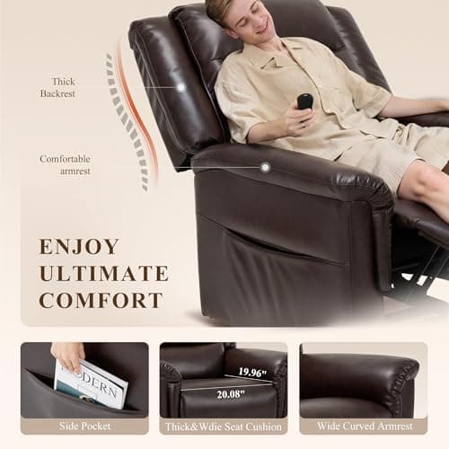 COLAMY Massage Recliner Chair, Faux Leather Lift Recliner with Massage and Lumbar Heat, Nursery Recliner Ergonomic High Backrest, Upholstered Deep Seat for Living Room, Bedroom, Dark Brown 5