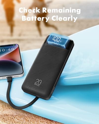 charmast 20000mAh Portable Charger with Built in Cables, 22.5W Travel Power Bank Fast Charging, USB C Cell Phone Battery Pack for iPhone 16/15/14/13/12/11 Series, iPad, Samsung, Android, Tablet 7