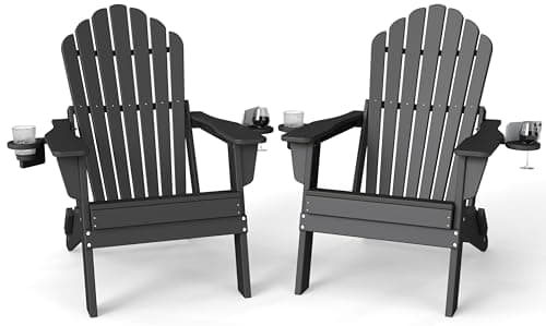 Plawdlik Folding Adirondack Chair Set of 2 with 2 Cup Holder,SGS Tested,Widened Heavy All-Weather HDPE Comfortable Seating,Wooden Textured, Ourdoor Patio Chairs,Black