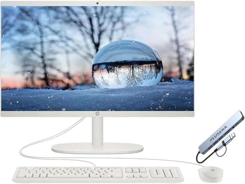 HP 21.5" FHD All-in-One Desktop Computer, 16GB RAM 128GB UFS, Quad-Core Intel N100, Windows 11, Keyboard & Mouse, PLUSERA 8-in-1 Hub Included, Cashmere White