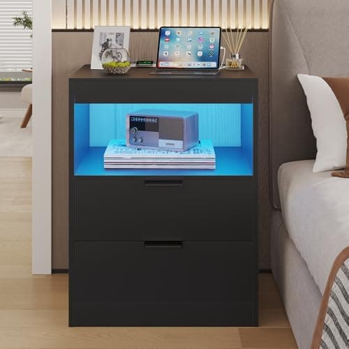 ADORNEVE LED Nightstand Black Nightstand with Wireless Charging Station 2 Drawers, Modern Bedroom End Side Table with LED Lights, Wooden Sofa Bedside Table with Pull-Out Shelf 8
