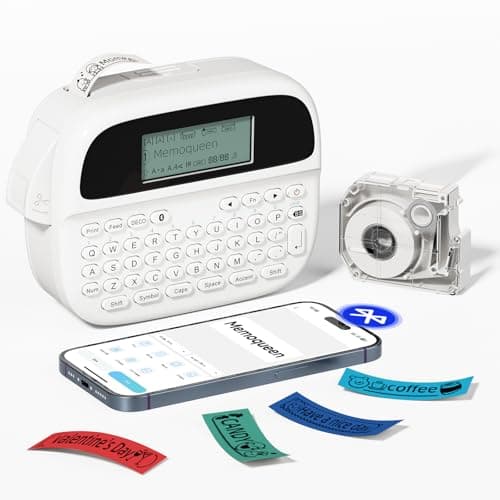 Memoqueen Label Maker, Label Maker Waterproof-Labels,Rechargeable Bluetooth Labeler with Backlit LCD, Multi-Symbol Icon Style Template Desktop Label Machine Widely Used in Office, Home,School