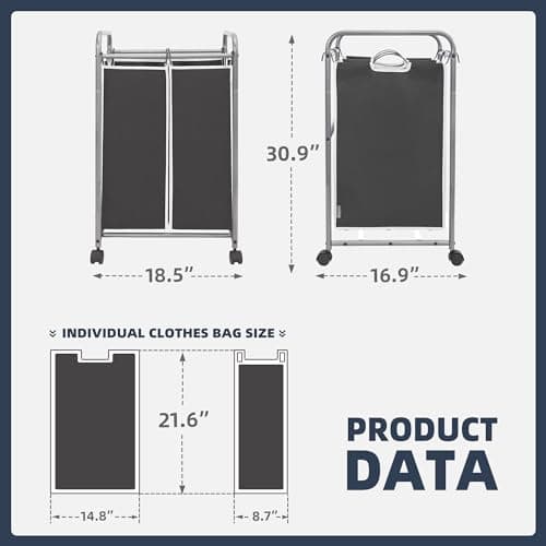STO STO Laundry Sorter 2 Section, 2 Bag Laundry Hamper, Rolling Laundry Cart, Laundry Basket with Heavy Duty Lockable Wheels and Removable Bag for Clothes Storage, Black 6