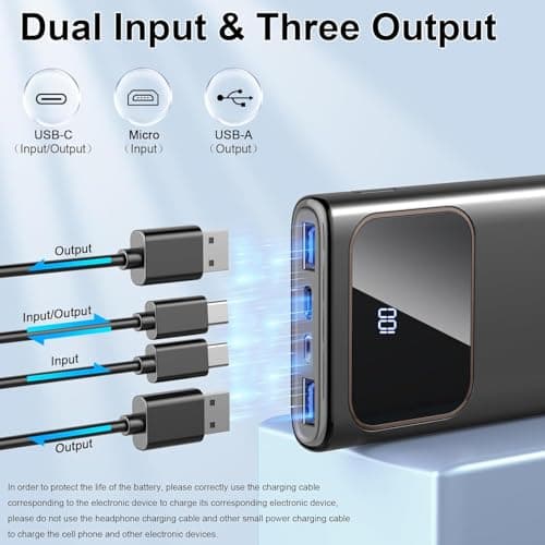 Power Bank, 10000mAh Portable Charger with PD 5A/3W Fast Charging, USB C in&out External Battery Pack, Portable Cell Phone Charger for iPhone 16 15 14 13 /ProMax/Pro/Plus Samsung S23 S22 Android Phone 6
