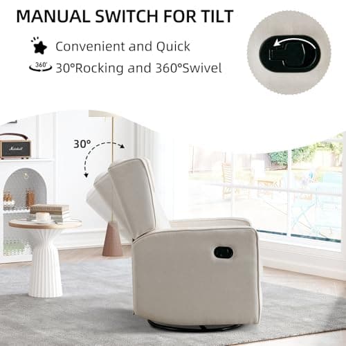 CANMOV Swivel Rocker Recliner Chair, Rocking Chair Nursery Glider Recliner, Manual Glider Chair for Nursery, White 6