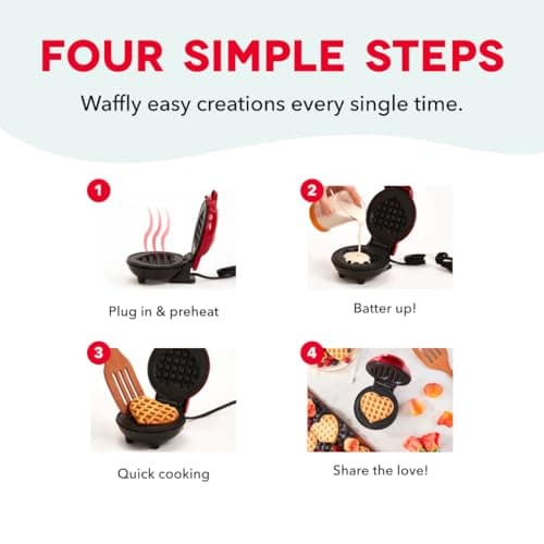 Dash Mini Waffle Maker- Mini Machine for Creative Homemade Treats - Nonstick Iron with Unique Print Design - Stylish Waffle Machine - Red Heart 5