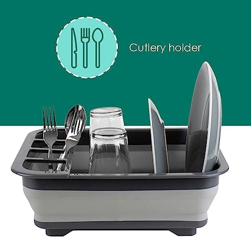 Home Basics Silicone and Plastic Easy Storage Collapsible Dish Rack with Cutlery Holder (Grey) 5