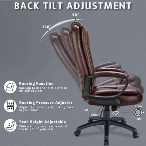 LEMBERI Office Desk Chair, High Back Executive Computer Chair, Ergonomic Big and Tall Adjustable PU Leather Chairs with Padded Armrest for Long Time Sitting (Brown) 6