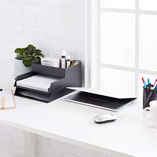 Amazon Basics Rectangular Plastic Desk Organizer with Storage Trays, Accessory Tray for Office Supplies and Pen Holder, 9.4 x 6.7 x 2 inch, Black 8