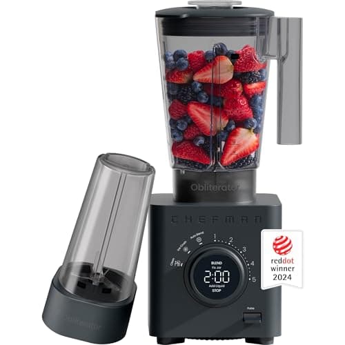 Chefman Obliterator 48 oz Countertop Blender for Smoothies, 1380W Motor to Crush Ice, Nuts, and Frozen Fruit with Stainless Steel Blade, Auto Blend Function, Includes 20 oz Travel Jar - Midnight