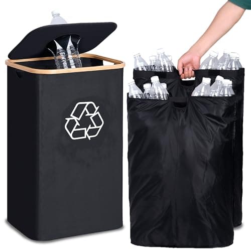 efluky Recycling Bin for Kitchen 26 Gallon, 100L Recycle Bin with 2 Removeable and Reusable Inner Bag, Large Recycling bin with lid for Bottle Can Plastice Stickers (Black)