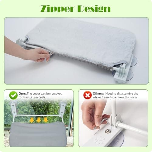 keny Cordless Cat Window Perch, Foldable Cat Window Hammock with 4 Suction Cups, Reversible Cover with Two Different Kinds of Fabrics, 40Lbs Load Capacity Sturdy Cat Window Bed for Cats Inside, Grey 6