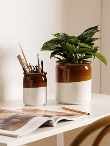 LE TAUCI Kitchen Utensil Holder, 7.2" & 5.4" Ceramic Utensil Crock for Countertop, Large Heavy Weighted Spatula Organizer, Rustic Farmhouse Decor, Vintage Two-Tone Glaze, Set of 2, Brown & White 8