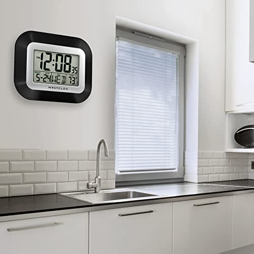 Westclox Large Digital Wall Clock Battery Operated with Temperature Date and Day of Week with Alarm | Modern Digital Desk Clock for Office Kitchen Bedroom or Living Room | Black 6