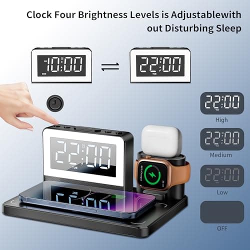 YEAPOWER Wireless Fast Charging Station - 7 in 1 Alarm Clock with Wireless Charger Stand - Charging Dock for Apple,for Samsung Galaxy Multiple Devices - for iPhone Watch,for Airpods (Black) 7