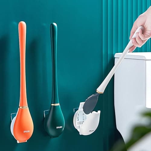 Modern Flexible Silicone Toilet Caspa for Home 2025 Silicone Toilet Wand Bowl Brush and Holder Cleaning Set Wall Mounted Rubber Bathroom Toilet Scrubber Bowl Cleaner Brushes with Dispenser (Orange) 6