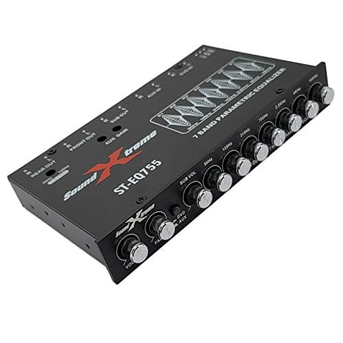 SoundXtreme ST-EQ755 1/2 Din 7 Band Car Audio Parametric Equalizer EQ with Front, Rear + Sub Output 8 Volt RMS Three Stereo RCA Output Built-in Input AUX / DVD Select Switch 7