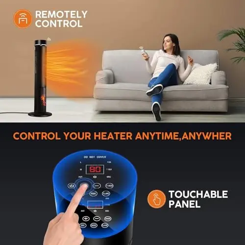 TRUSTECH 36" Space Heater for Large Room, 1500W PTC Electric Fireplace Space Heater, Adjustable Thermostat, 4 Modes,12H Timer, 60° Oscillation, Remote, Tower Heater for Indoor Use, Bedroom, Office 7