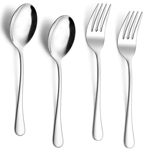 E-far Large Serving Utensils Set of 4, 9.8 Inch Stainless Steel Serving Spoons & Serving Forks, Big Hostess Set for Buffet Party Catering Wedding Kitchen Restaurant, Dishwasher Safe