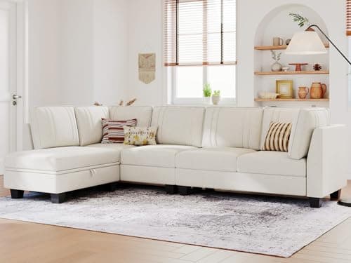 Belffin 4 Seater Sectional Sofa with Reversible Chaise, Velvet L Shaped Sofa Sectional Couch with Convertible Storage Ottoman Beige