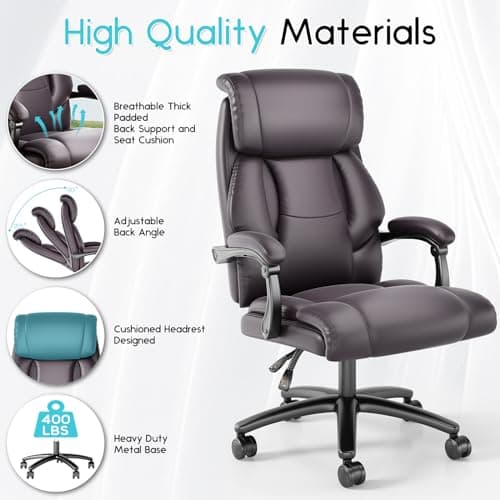 Ollega Reclining Office Chair, Executive Big and Tall Office Chair with Wide Seat, Recliner Leather High Back Computer Desk Chairs 6