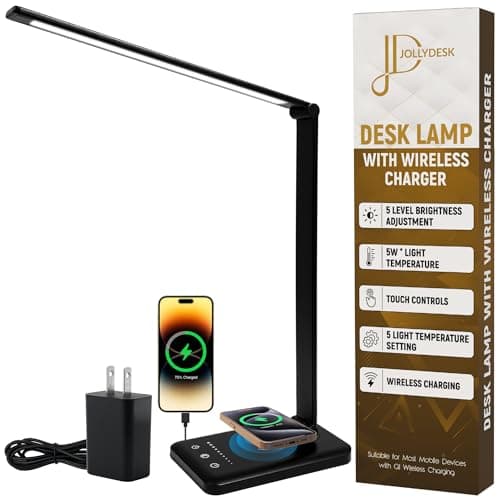 LED Desk Lamp with Wireless Charger – Touch Control Dorm Desk Lamp with USB Charging Station, 3 Color Modes & 5 Brightness Levels, Ideal for Home, Office, Bedroom, Study Area, & College Dorm, Black