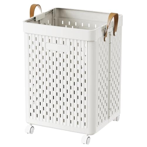 UAK Plastic Laundry Basket with Wheels & Handle, 61L Heavy Duty Foldable Laundry Hamper – Easy Clean Waterproof Rolling Organizer for Bathroom & Laundry Room, White