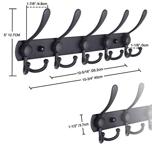 Dseap Coat Rack Wall Mounted - 5 Tri Hooks, Heavy Duty, Stainless Steel, Metal Coat Hook Rail for Coat Hat Towel Purse Robes Mudroom Bathroom Entryway (Black, 2 Packs) 6