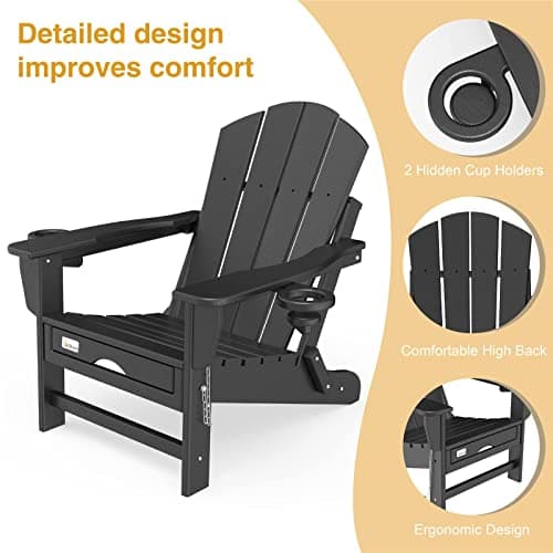 Mdeam Folding Adirondack Chair with Retractable Ottoman, HDPE All-Weather Fire Pit Chair with 2 Cup Holders, Outdoor Chair for Deck Patio Garden Backyard Lawn (Black) 5