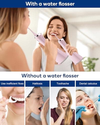 MySmile LP211 Cordless Water Flossers, Portable Rechargeable Oral Irrigator for Teeth Cleaning, 5 Cleaning Modes, IPX7 Waterproof, 8 Replacement Tips and a Storage Pouch (Pink) 5