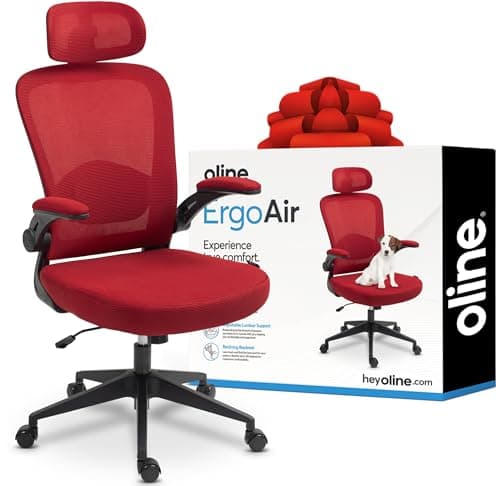 Oline ErgoAir Ergonomic Office Chair – Adjustable Lumbar Support, Flip-Up Armrests, Mesh Computer Desk Chair, Swivel Rolling Executive Gaming Chair for Home & Office (Red)