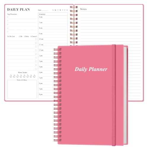 Daily Planner Undated - A5 To Do List Notebook Hourly Schedules, Spiral Appointment Planner for Women and Men, PVC Hardcover, Inner Pocket, Elastic Closure, 5.8" x 8.3", Pink