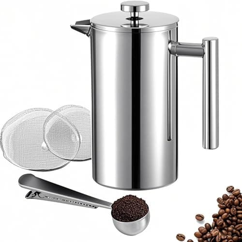 Meelio Small French Press 350ml Coffee Maker, Double-Wall Insulated French Press Coffee Press Stainless Steel, Included 2 Extra Fliters and 1 Coffee Spoon (1 cup, 12 OZ)