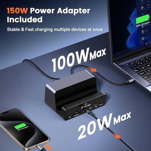 TobenONE 18-in-1 Triple 4K@60Hz Monitor Docking Station with 150W Power Supply, USB C Laptop Docking Station Stand(Single 4K@144Hz), 2.5Gbps Ethernet, 2 HDMI & DP, 8 USB, for Windows&ChromeOS 3