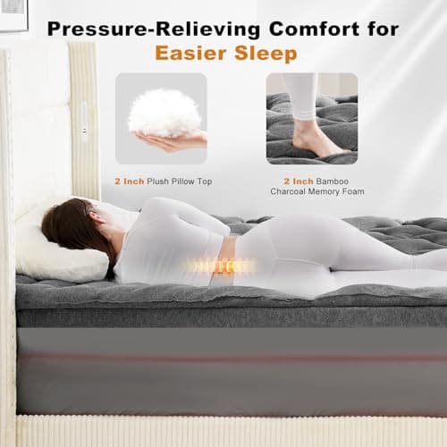 HOMRELEXA Dual Layer 4 Inch Bamboo Memory Foam Mattress Topper Queen Size, 2 Inch Thick Soft Quilted Pillow Top Cover Plus 2 Inch Charcoal Gel Memory Foam Mattress Pad for Back Pain Relief 5