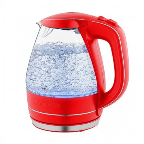 OVENTE Electric Kettle, 1.5L Borosilicate Glass Countertop Water Heater and Boiler for Coffee or Tea, BPA-Free, Auto Shut-Off, Boil-Dry Protection, Removable and Washable Spout Filter, Red KG83R