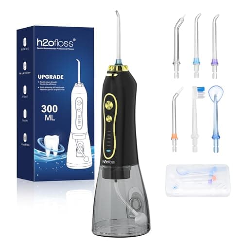 H2ofloss Water Dental Flosser Teeth Pick -Portable Oral Irrigator with 5 Modes, Rechargeable IPX7 Waterproof Orthodontic Teeth Cleaner Pick Cordless for Home Travel-300ml Water Tank Gold