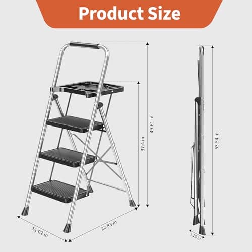 DIAMONDFORGE 3-Step Ladder Folding Step Stool with Tool Platform & Anti-Slip Wide Pedal, Heavy Duty Steel Construction, 600 lbs Capacity for Home & Office, Grey 7