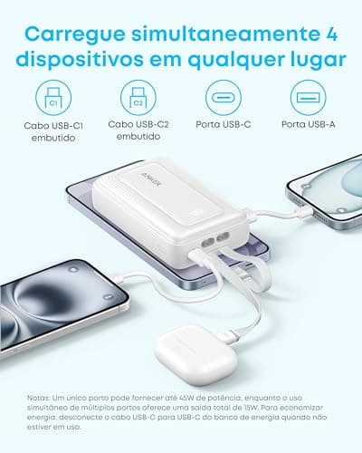 Anker Power Bank, 20,000mAh 30W Max Fast Portable Charger with Built-in USB-C and MFi Certified Lightning Cables, USB-C&A, Battery Pack for iPhone 17/16/15/14 Series, MacBook, Galaxy 5