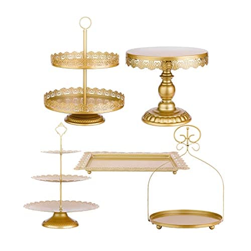 ZUMELER Gold 5Pcs Cake Stands Set Metal Round Cupcake Holder Cookies Dessert Display Plate Serving Tower Tray Platter with Handl for Baby Shower Wedding Birthday Party Celebration