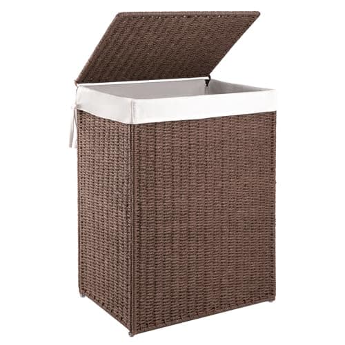 OIAHOMY Laundry Hamper with Lid, 23.8 Gal (90L) Wicker Hamper with Removable Liner Bags, Handwoven Clothes Basket with Handles, Foldable Woven Paper Rope Basket for Laundry Room, Bedroom-Brown