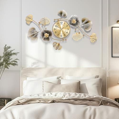 Axioglo Wall Clocks for Living Room Decor,Large Wall Clock,3D Creative Metal Ginkgo Leaf Design,with Silent Movement Wall Clocks for Home Wall Decor Clock（33"x18"） 5