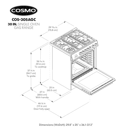 COSMO COS-305AGC 30 in. 5.0 cu. ft. Freestanding Single Oven Gas Range with 5 Burner Cooktop and Heavy Duty Cast Iron Grates in Stainless Steel 12