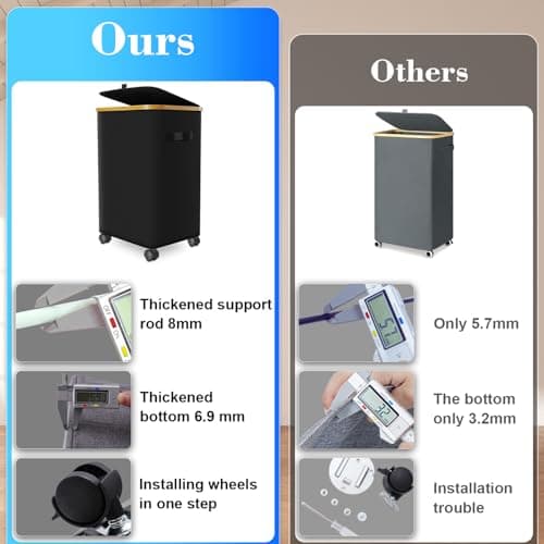 Laundry Hamper with Wheels,20 Gal (75L) Laundry Basket with lid Rolling Clothes Hamper Foldable Dirty Clothes Basket on wheels with Bamboo Frame and Bag for Bedroom, Dorm, Laundry Room-Black 6