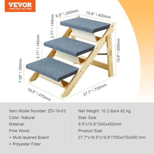 VEVOR Wood Pet Stairs/Pet Steps, 2-in-1 Foldable Wooden Dog Stair for Beds, Sofa and Cars, Dog Stairs & Ramp with 3 Steps for Small Medium Large Pet, up to 150 lbs 7