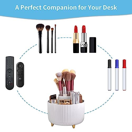 Marbrasse Desk Organizer, 360-Degree Rotating Pen Holder, Desk Organizers and Accessories with 5 Compartments Pencil Holder, Art Supply Storage Box Caddy for Office, Home（White） 6