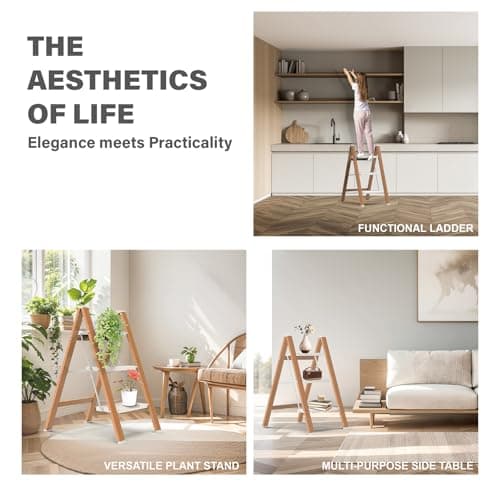 3 Step Ladder, Folding Aluminum Step Stool with Anti-Slip Wide Steps for Adults, Ideal for Kitchen, Closet, Bedroom, 330 lbs Capacity (Woodgrain) (Light Woodgrain, 3 Step) 7