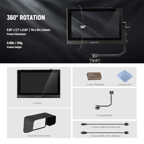 NEEWER F500 5.5 Inch Camera Field Monitor, HDR Touch Screen with 3D LUT, Waveform, Vector Scope, Full HD 1920x1080 IPS 4K HDMI Loop in/Out DSLR Video Peaking Focus Assist, Tilt Arm, Battery 9